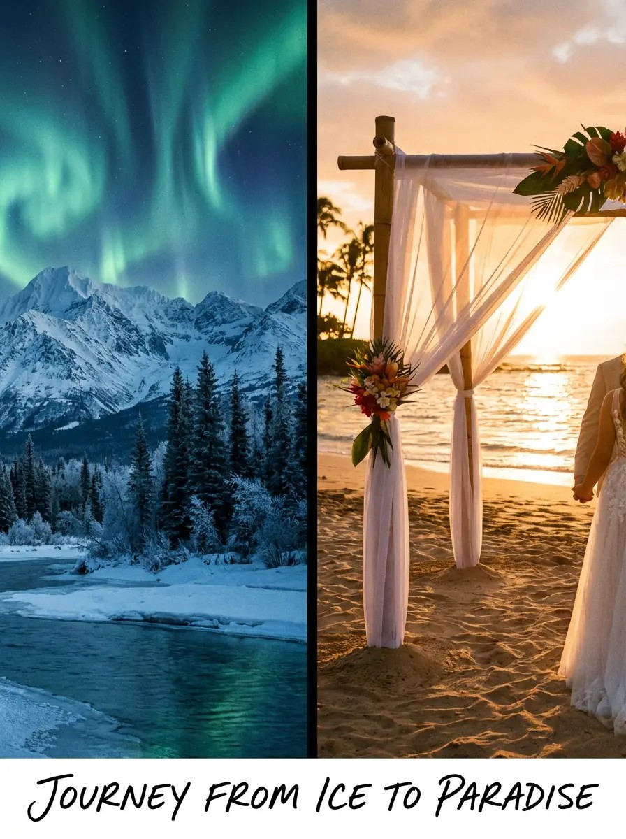 Alaska couple on Maui beach at golden hour sunset, bride hair blowing in trade winds