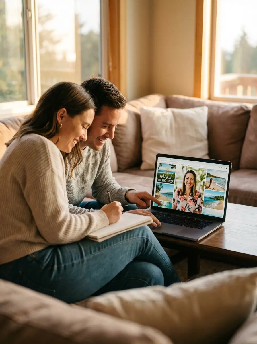 Couple on laptop video consultation with Maui wedding planner discussing venue options