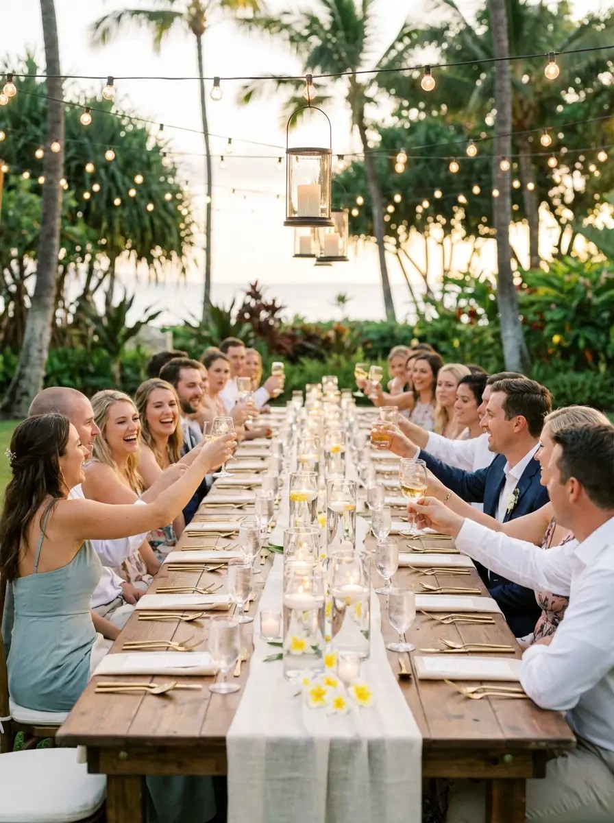 Couple first dance under string lights at outdoor Maui wedding reception at night