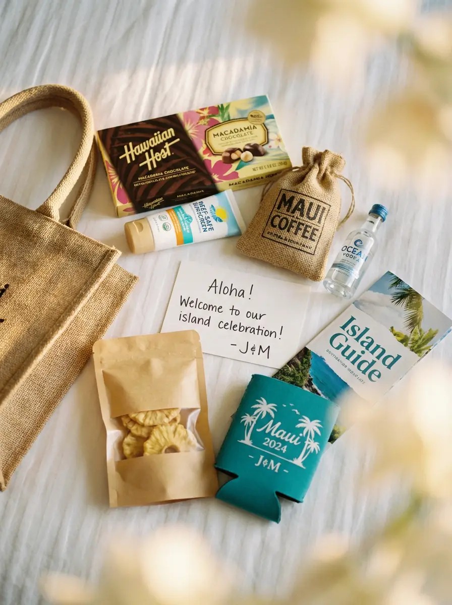 Flat lay of Maui wedding welcome bag contents including local coffee, macadamia chocolates, and reef-safe sunscreen