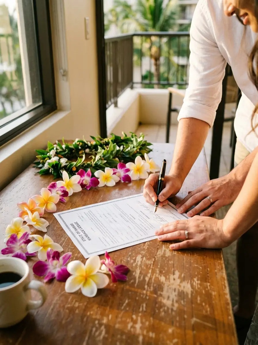 Couple signing Hawaii marriage license documents with tropical flowers and lei nearby
