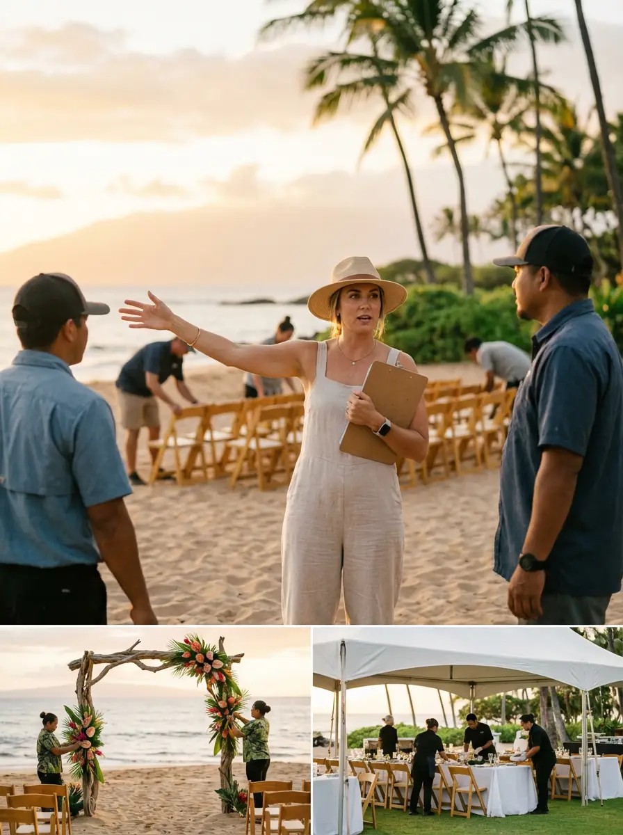 Hawaiian lei exchange during wedding ceremony on Maui beach at golden hour