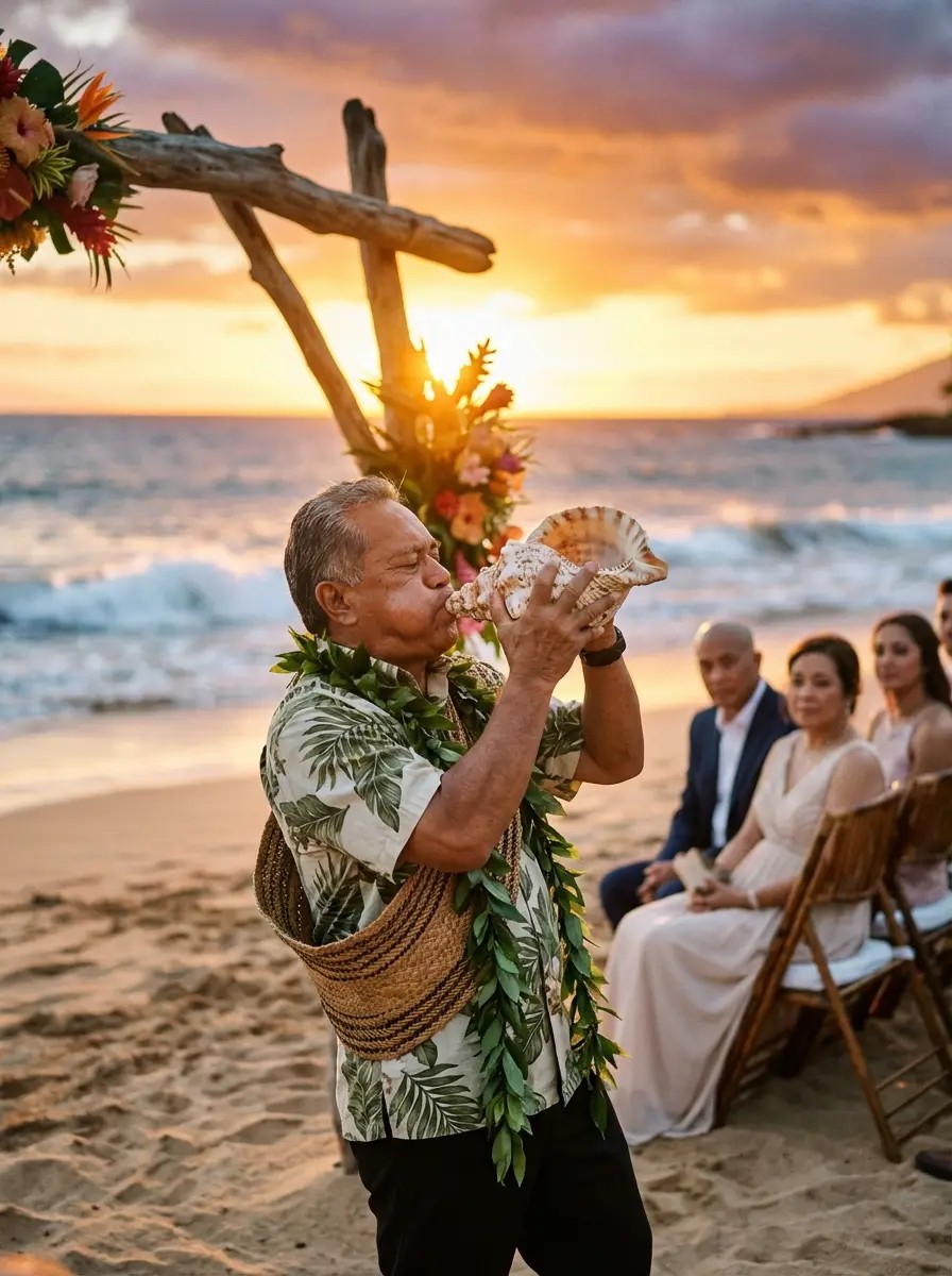 Bride and groom performing honi sharing breath forehead press during Hawaiian wedding ceremony