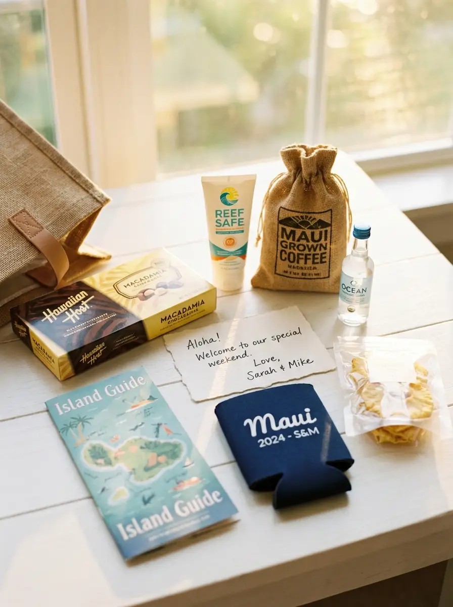Wedding welcome bag on luxury Maui hotel room bed with ocean view and tropical flowers