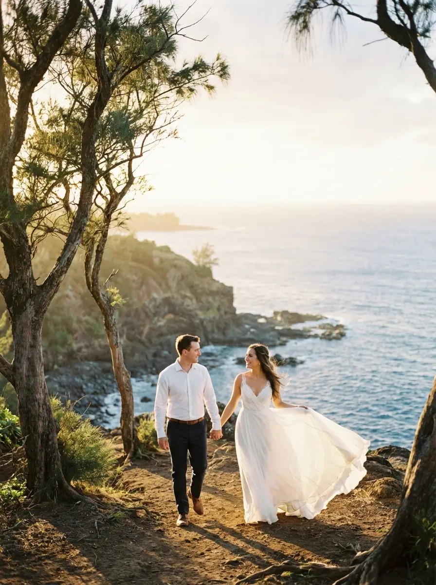 Wedding couple walking Kapalua Coastal Trail with dramatic ocean cliffs at golden hour