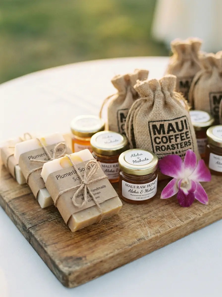Local Maui artisan wedding favors including handmade soap, raw honey, and roasted coffee