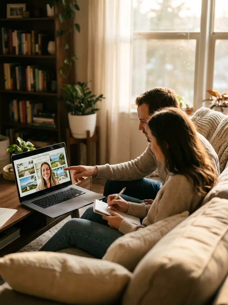 Wedding planner reviewing venue contracts and vendor proposals on desk with Maui brochures