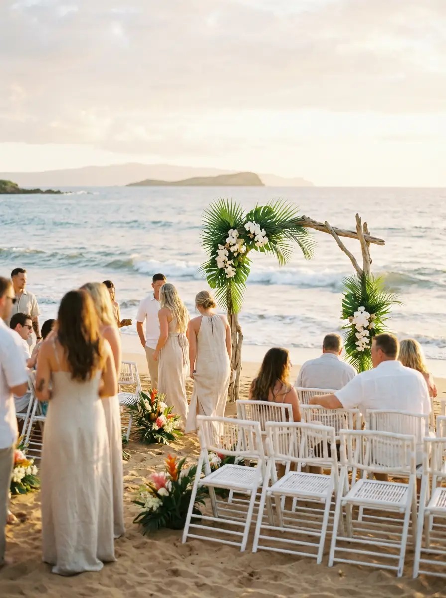 Maui wedding planner coordinating with florist behind the scenes at venue setup