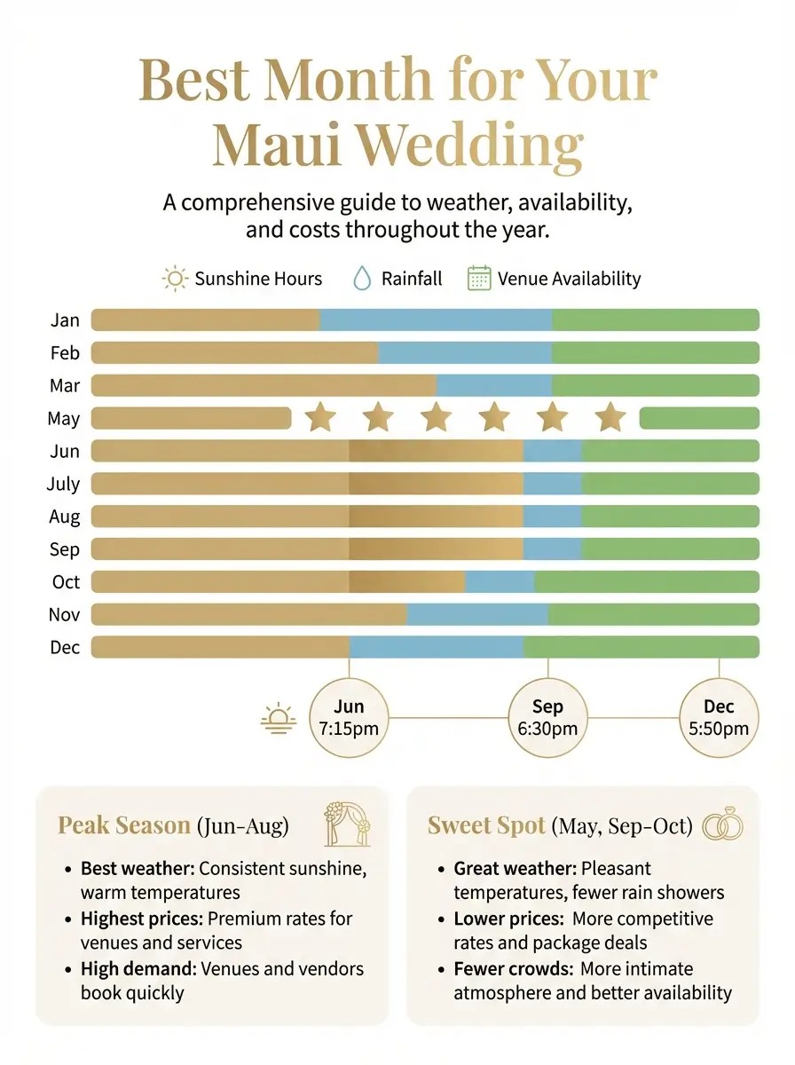 Maui wedding weather by month — temperature, rainfall, and sunset times