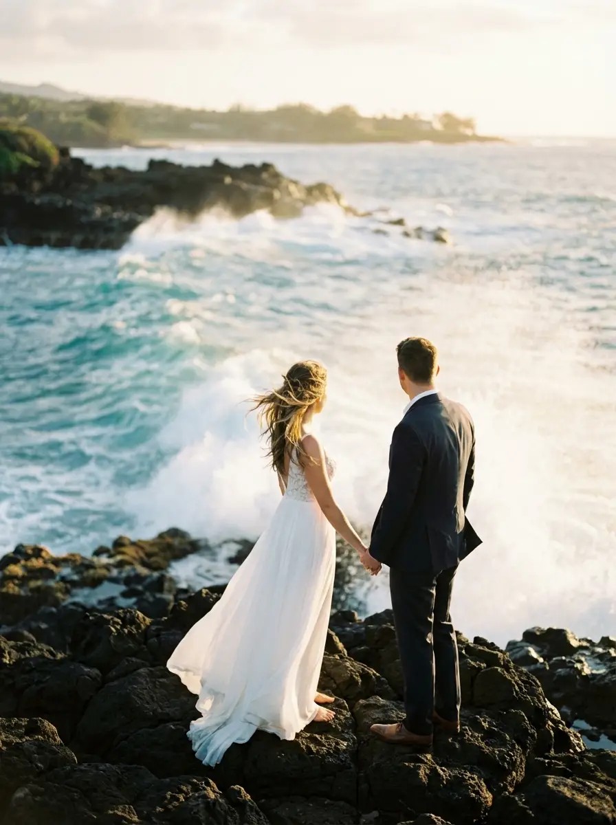 Couple portrait among volcanic rock formations at Kapalua