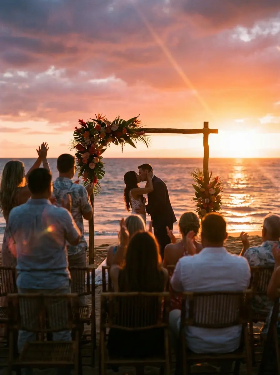 First kiss silhouette at sunset on Makena Beach