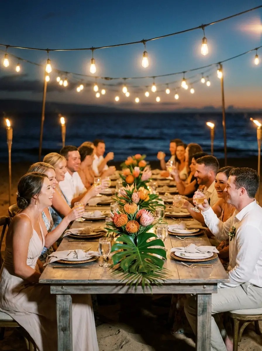 Maui beach wedding reception dinner under string lights