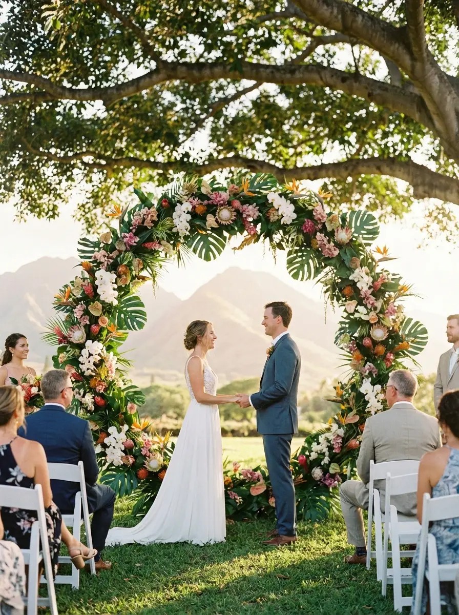 Circular floral arch ceremony installation on Maui