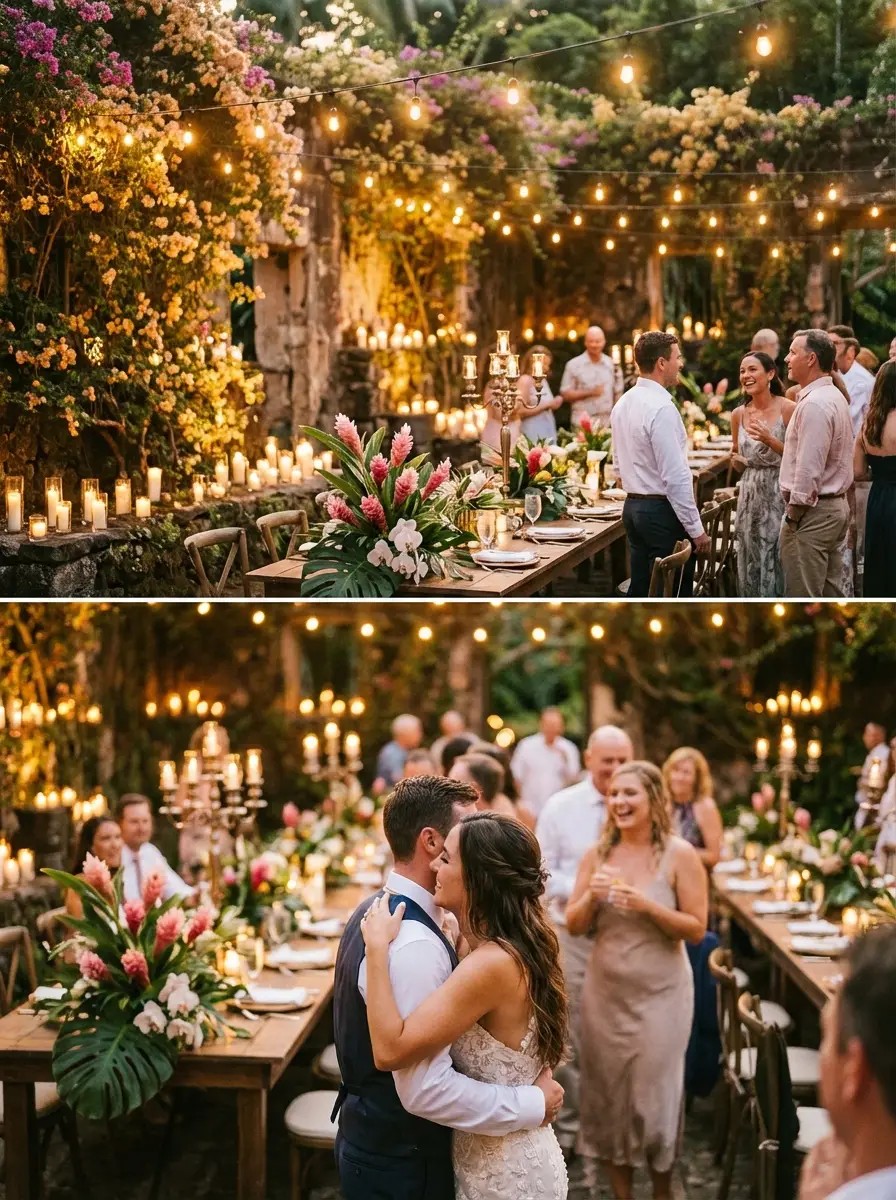 Candlelit evening reception beneath the monkeypod canopy at Haiku Mill
