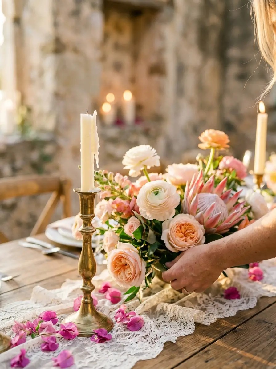 Vintage floral details against the historic stone walls of Haiku Mill