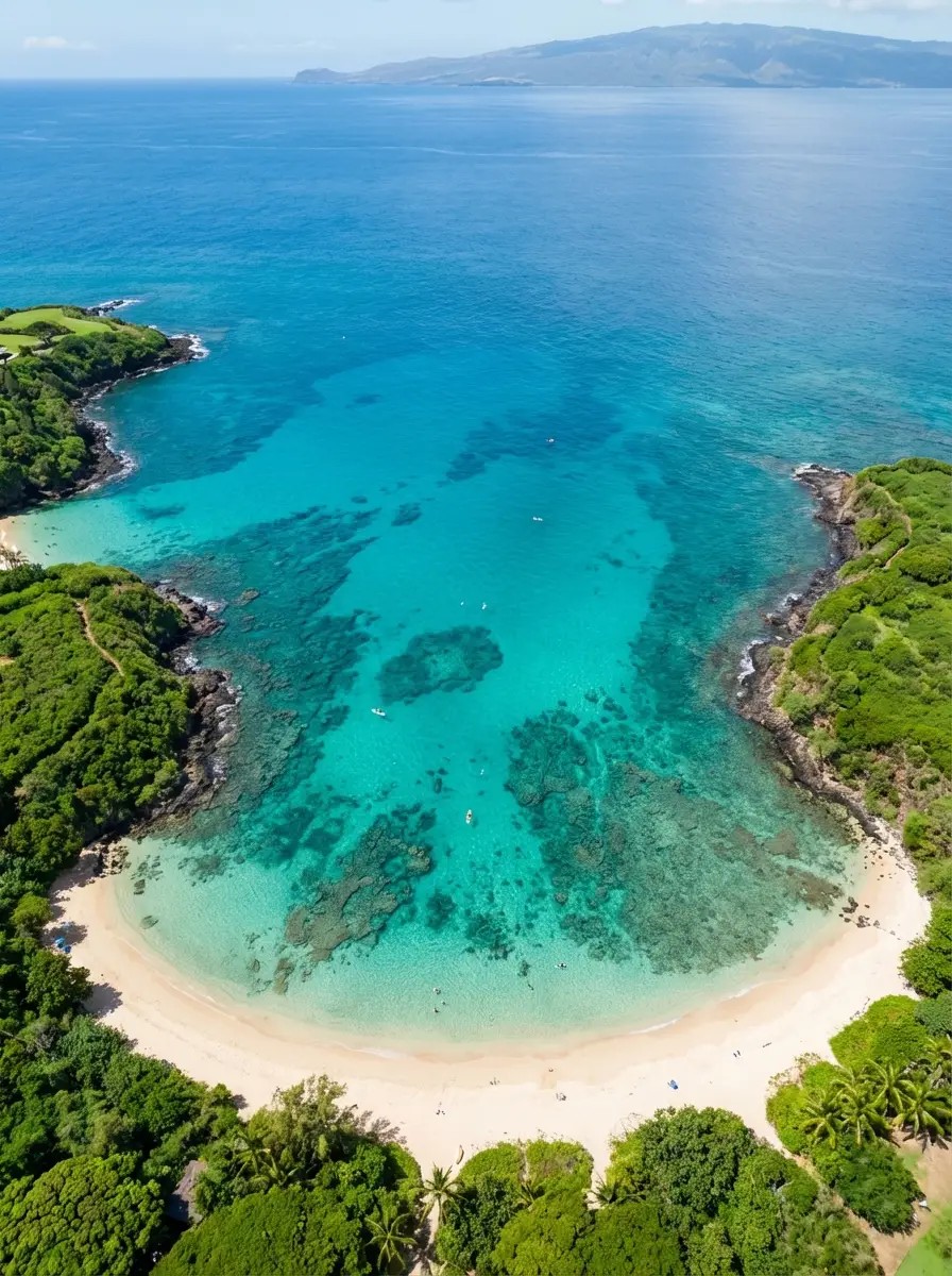 Aerial view of Kapalua Bay's crescent-shaped beach and turquoise waters