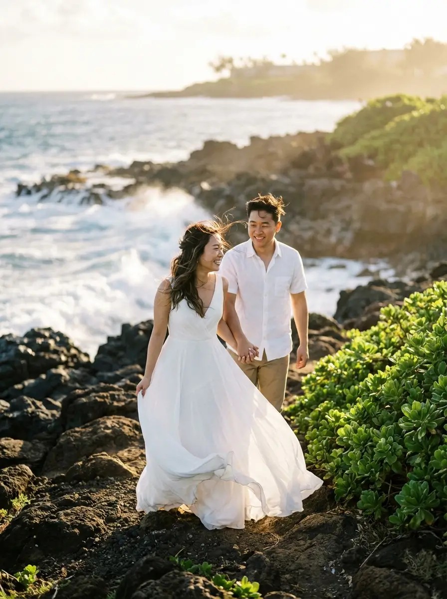 Couple portrait on the Kapalua Coastal Trail with ocean backdrop