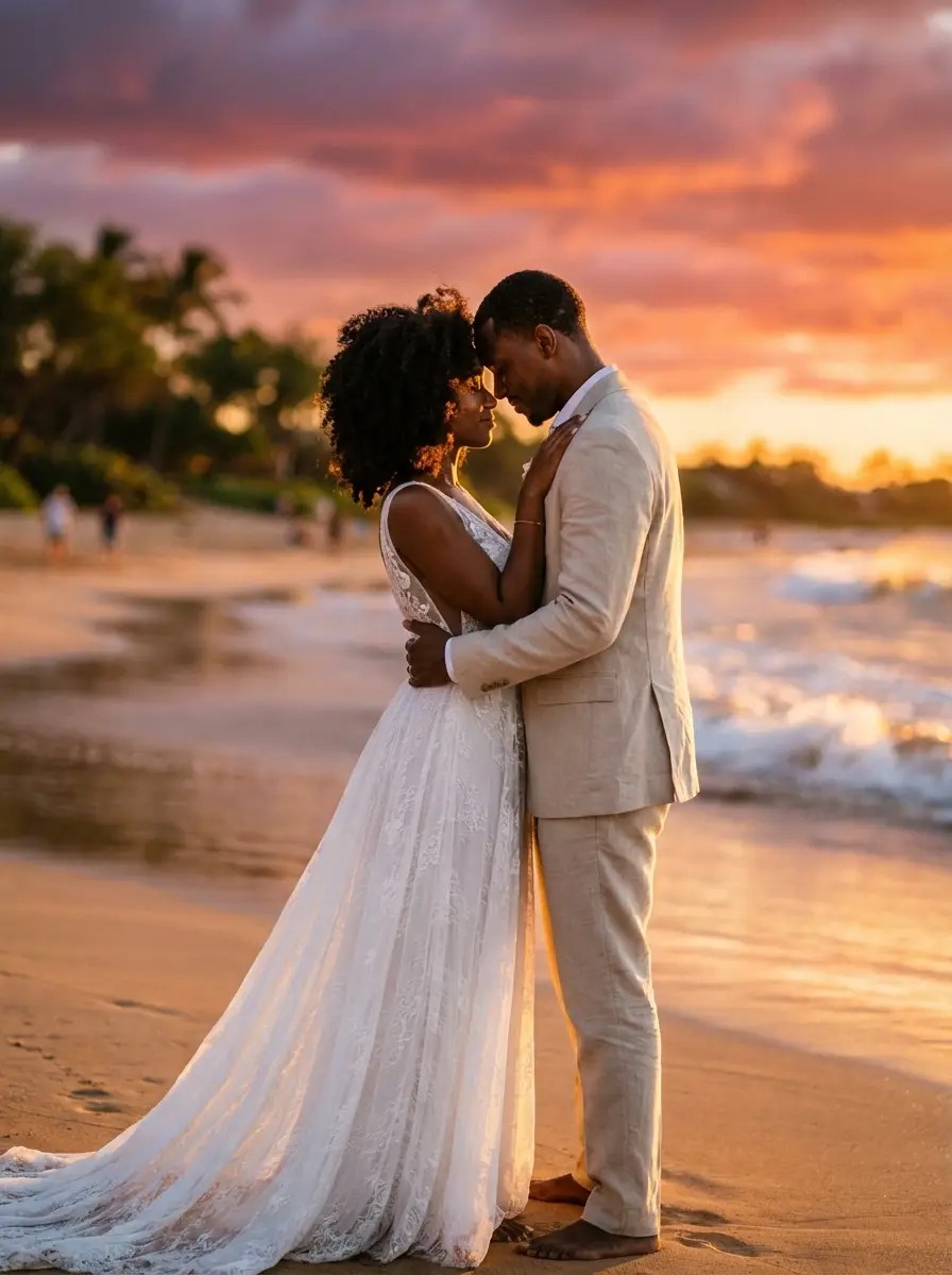 Newlywed couple walking along Makena Beach at sunset