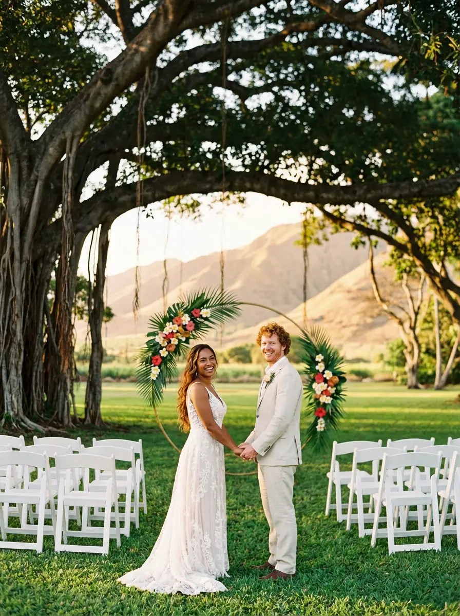 Ceremony on the Great Lawn beneath towering coconut palms at Olowalu