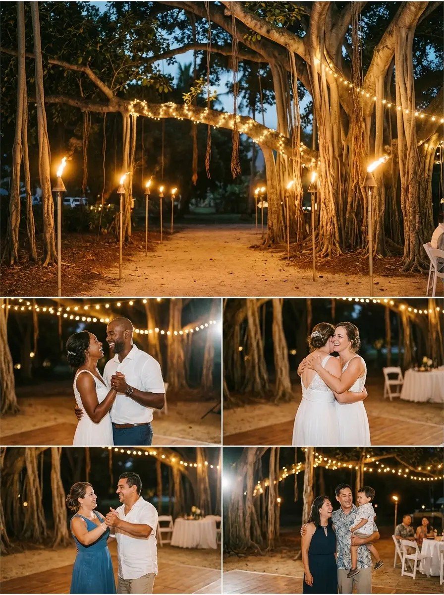 Tiki torch-lit evening reception under the stars at Olowalu Plantation House