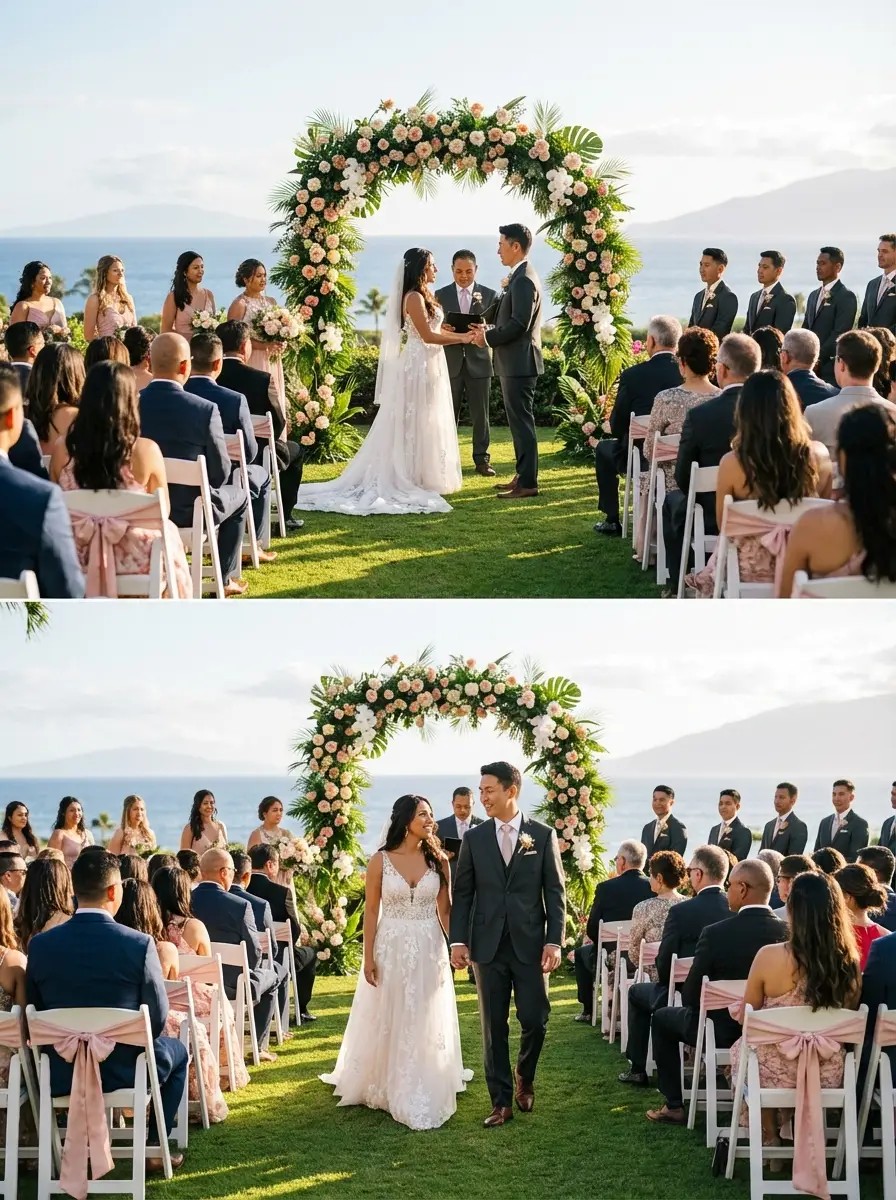 Oceanfront lawn ceremony setup at Wailea Resort