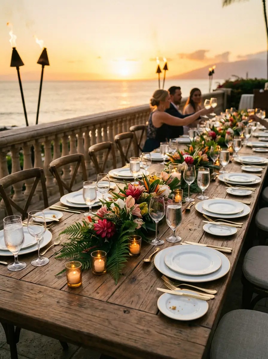 Sunset terrace dinner with ocean views at Wailea Resort
